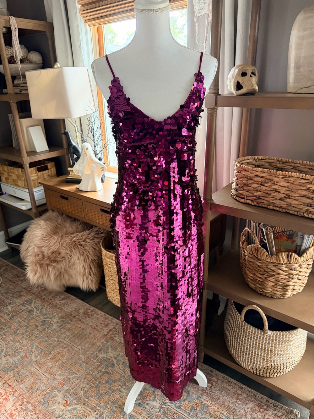 Free People Sequin Maxi Dress Pink Purple Spaghetti Strap Column with side slit